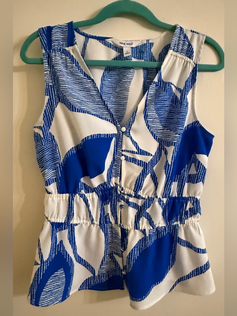 Nine West Blue and White Dressy Sleeveless Summer Top Size Small